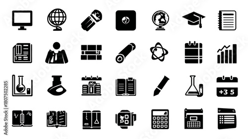 Collection of various education and office-related vector glyphs in a minimalistic, black and white style