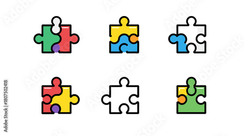 Six colorful jigsaw puzzle pieces, each in a different color scheme, on a plain white background