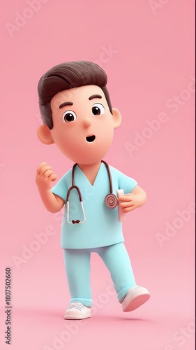 Cheerful Cartoon Nurse in Light Blue Uniform Posing on Pink Background.