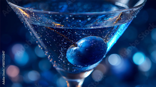 Blue Martini Cocktail with Cherry in Glass