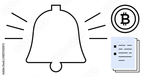 Bell ringing for notices, Bitcoin coin, and documents indicating cryptocurrency alerts or updates. Ideal for finance, cryptocurrency, blockchain, alerts, updates notifications communication. Simple