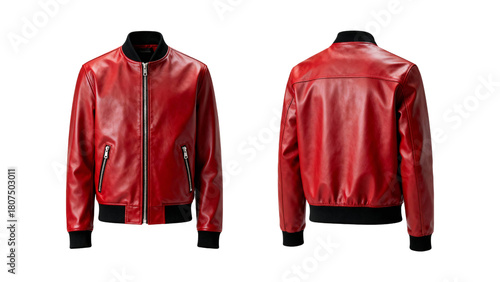 Red leather bomber jacket front and back view on white background fashion isolated on a transparent background