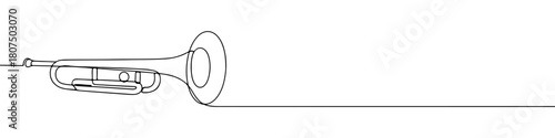 A continuous one-line drawing of a trumpet, capturing its classic musical instrument form against a white background