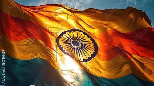 A large Indian flag waving high in the sky, suitable for patriotic or national celebrations