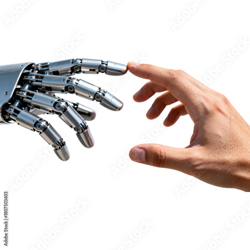 Robot Hand Reaching Towards Human Hand On White Background technology isolated on a transparent background