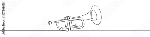A continuous one-line drawing of a trumpet, capturing its classic musical instrument form against a white background