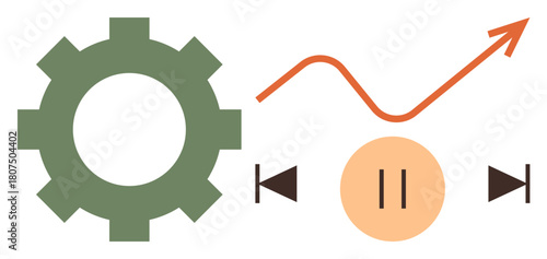Gear symbolizing process, pause button for control, and upward arrow for growth indicate balance between strategy, action, and innovation. Ideal for technology, business, workflow management