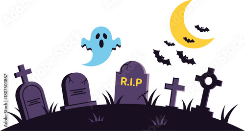 Spooky halloween night cemetery scene with ghost moon bats and gravestones for festive seasonal decorations and spooky ambiance isolated on white background