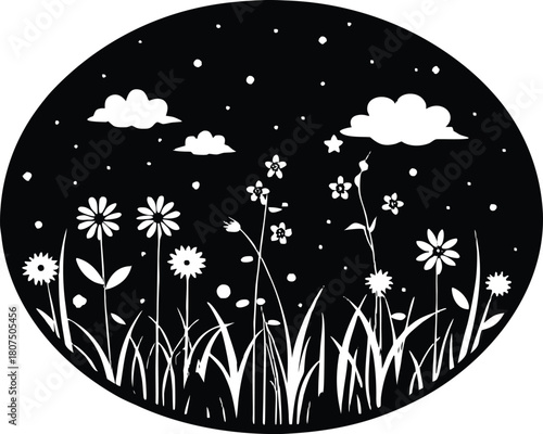 dreamy meadow outline silhouette.eps