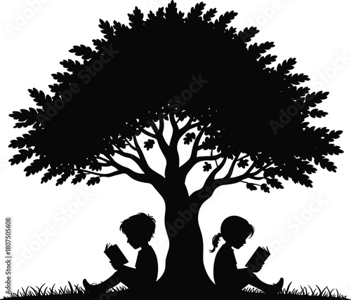 Children reading, tree silhouette, peaceful scene, learning outdoors, black and white, nature study, companionship, education, quiet moment, stylized art