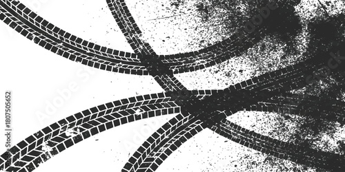 Grungy tire tracks with splatters and vehicle marks texture isolated on white background