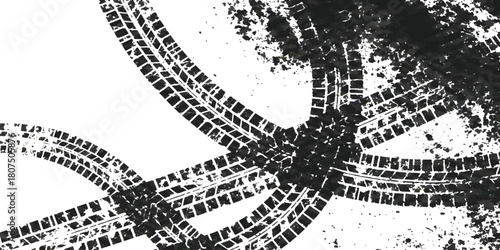 Dynamic tire tracks and dirt marks abstract grunge background isolated on white background