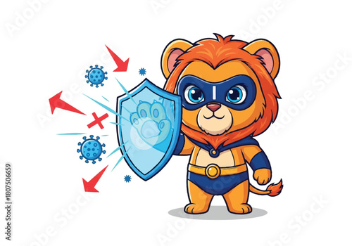 Cartoon lion superhero character holding shield against germs on white background with blue and red elements.