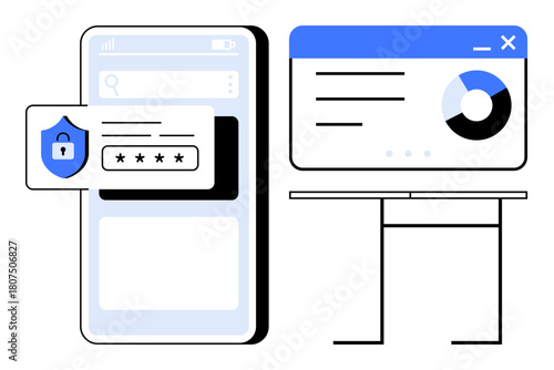Smartphone interface with password input and security shield alongside screen showing data chart. Ideal for cybersecurity, data privacy, technology, software, analytics, encryption, and secure tools