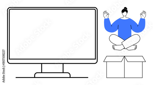 Woman meditating in seated posture next to large monitor and empty box. Ideal for wellness, focus, mindfulness, digital detox, balance, workspace setup, mental health. Simple flat metaphor