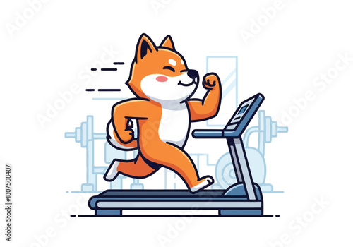 Illustration of a cartoon Shiba Inu running on a treadmill in a gym with a white background and blue outlines of fitness equipment.