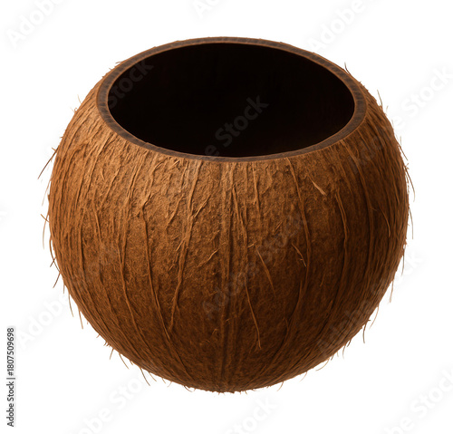 Hollow, spherical coconut shell with a fibrous outer layer.