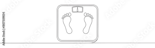 A continuous one-line drawing of a scale with foot imprints, against a pristine white background
