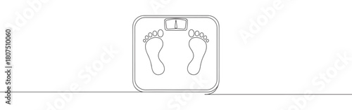 A continuous one-line drawing of a scale with foot imprints, against a pristine white background