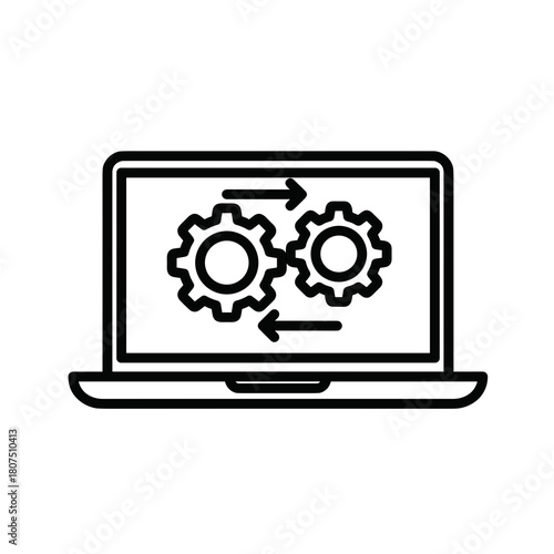 Laptop displaying gears for test automation icon concept  