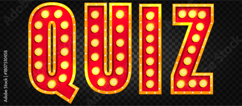 Neon pub quiz circus sign with retro bulb light for cabaret, theater or casino show. Vintage 3d red typography in bright style for hollywood broadway carnival stage. Gold lightbulb letters vector