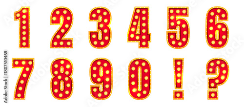 Circus number marquee with retro neon bulb light for theater, casino or carnival show. 3d red and gold numeral in vintage typography style with quiz sign for broadway stage. Bright character vector