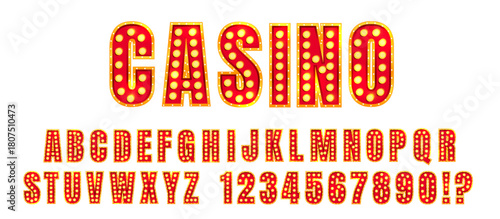 Retro circus alphabet with neon bulb light sign for cabaret, theater or casino show. 3d vintage red gold letters in bright typography style for hollywood or carnival stage. Burlesque font vector