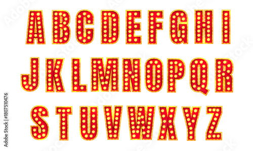 Circus alphabet font with retro marquee bulb light for theater, broadway or casino show text. 3d red neon letters in vintage typography style for theatre or carnival signage. Bright antique vector.