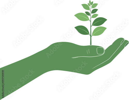 Green hand gently holds delicate sapling plant symbolizing growth new beginning hope and environmental care in nature isolated on white background