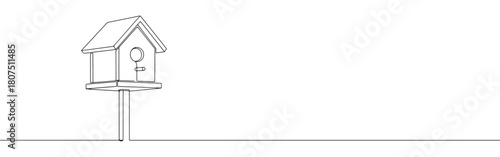 A continuous one-line drawing of a birdhouse on a stand, featuring its entrance hole and perch, against a white background