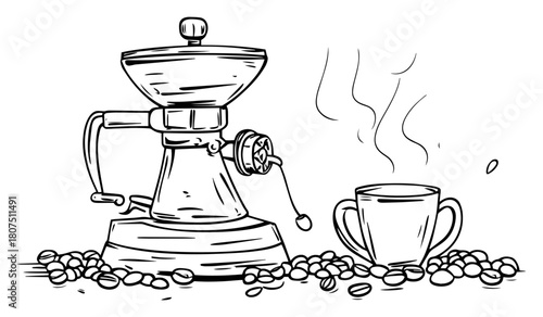 Vintage Coffee Grinder with Steaming Cup and Coffee Beans – Barista Style Vector