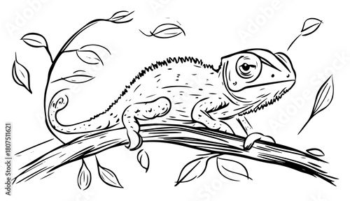 Chameleon Crawling on Leafy Branch – Detailed Reptile Wildlife Vector