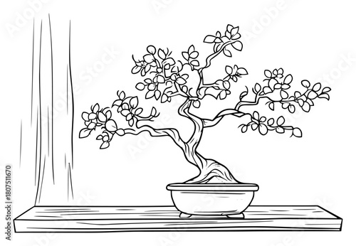 Miniature Bonsai Tree on Wooden Stand – Elegant Zen Gardening Line Art