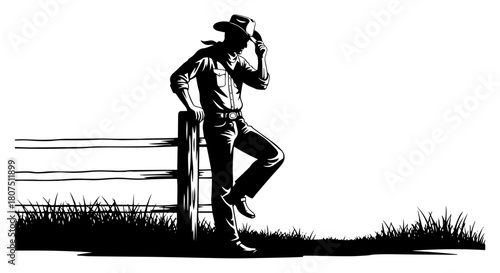 Lone Cowboy Leaning on Fence at Dusk – Western Silhouette Vector