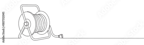 A continuous one-line drawing of a garden hose reel with a coiled hose, depicted against a clean white background