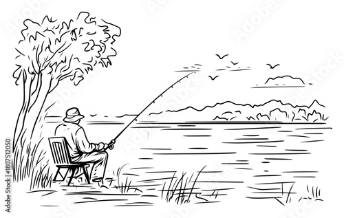 Relaxed Angler Fishing under Tree by Lake – Peaceful Countryside Vector
