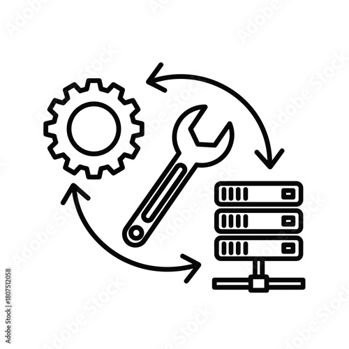 DevOps Tools Icon featuring gear, wrench, and server in a cycle  