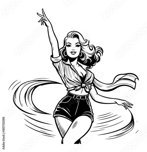 Retro Pin‑Up Girl Dancing with Scarf – Vintage Rockabilly Vector Illustration