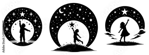 Girl Silhouette with Magic Wand Under Moon Phases – Fantasy Night Vector