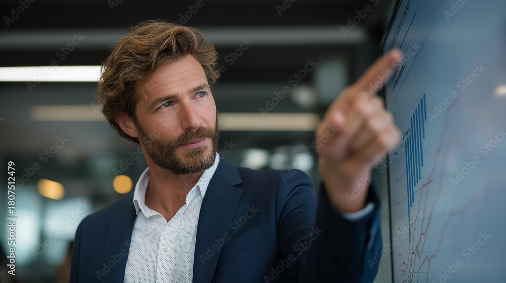 Fototapeta premium A business leader responding to sudden market changes during a meeting, pointing to shifting graphs on a large digital display — strategic corporate response, real-time analytics, and adaptive