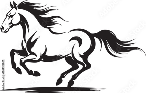 Dynamic running horse illustration in bold flowing black silhouette style representing speed, power, freedom, and wild animal movement