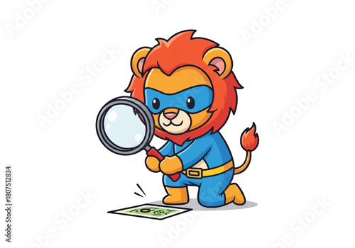 A cartoon lion wearing a superhero costume examining a banknote with a magnifying glass on a white background with a playful mood.