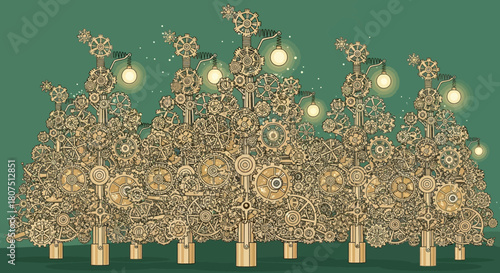 Steampunk christmas tree grove with gears and glowing lights, a unique and intricate holiday design, perfect for alternative christmas cards and decorations