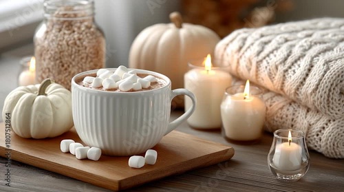 Wallpaper Mural Bright autumn vibes shine through with a cup of hot chocolate, fluffy marshmallows, and warm decor elements like candles and pumpkins Torontodigital.ca