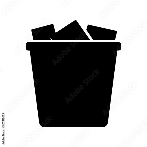 Black trash can icon filled with crumpled paper, waste symbol. Vector, illustration