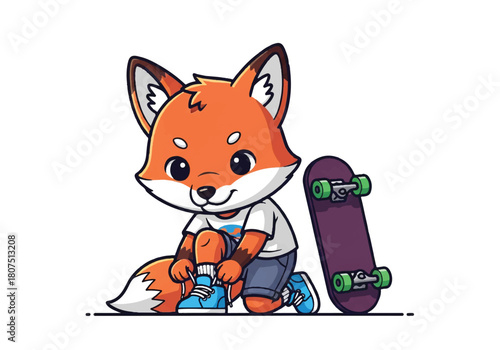 Cartoon illustration of a cheerful orange fox tying skateboard shoes with a purple skateboard beside on a white background