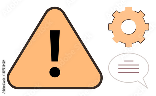 Exclamation in triangle, gear, and speech bubble visualizing warnings, technical issues, and communication. Ideal for caution, problem-solving, updates, alerts engineering collaboration simple