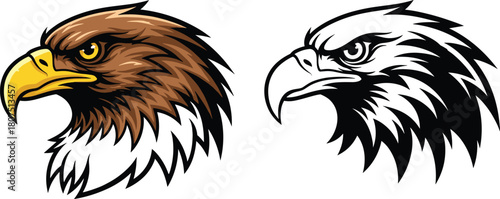 Aggressive Eagle Head Vector Mascot Illustration Set in Colored and Monochrome Silhouette Style for Sports Team Logo Design