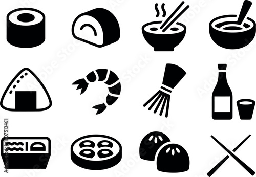 Assortment of Delicious Japanese Food Icons in Black and White