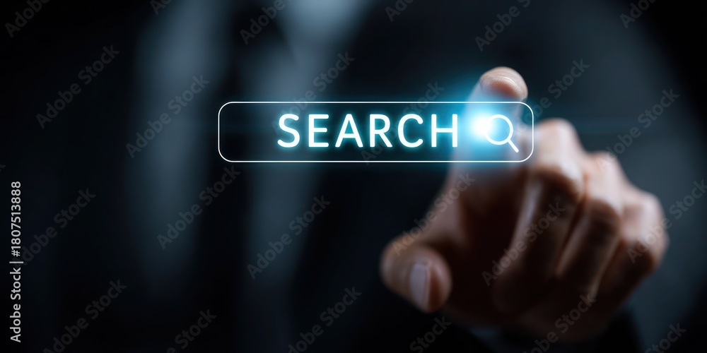 Naklejka premium A man is pointing to a search button on a computer screen